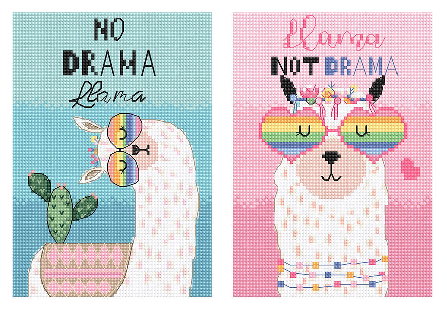 No Drama Llama L8044 Counted Cross Stitch Kit featuring colorful threads, Aida canvas, and detailed instructions.