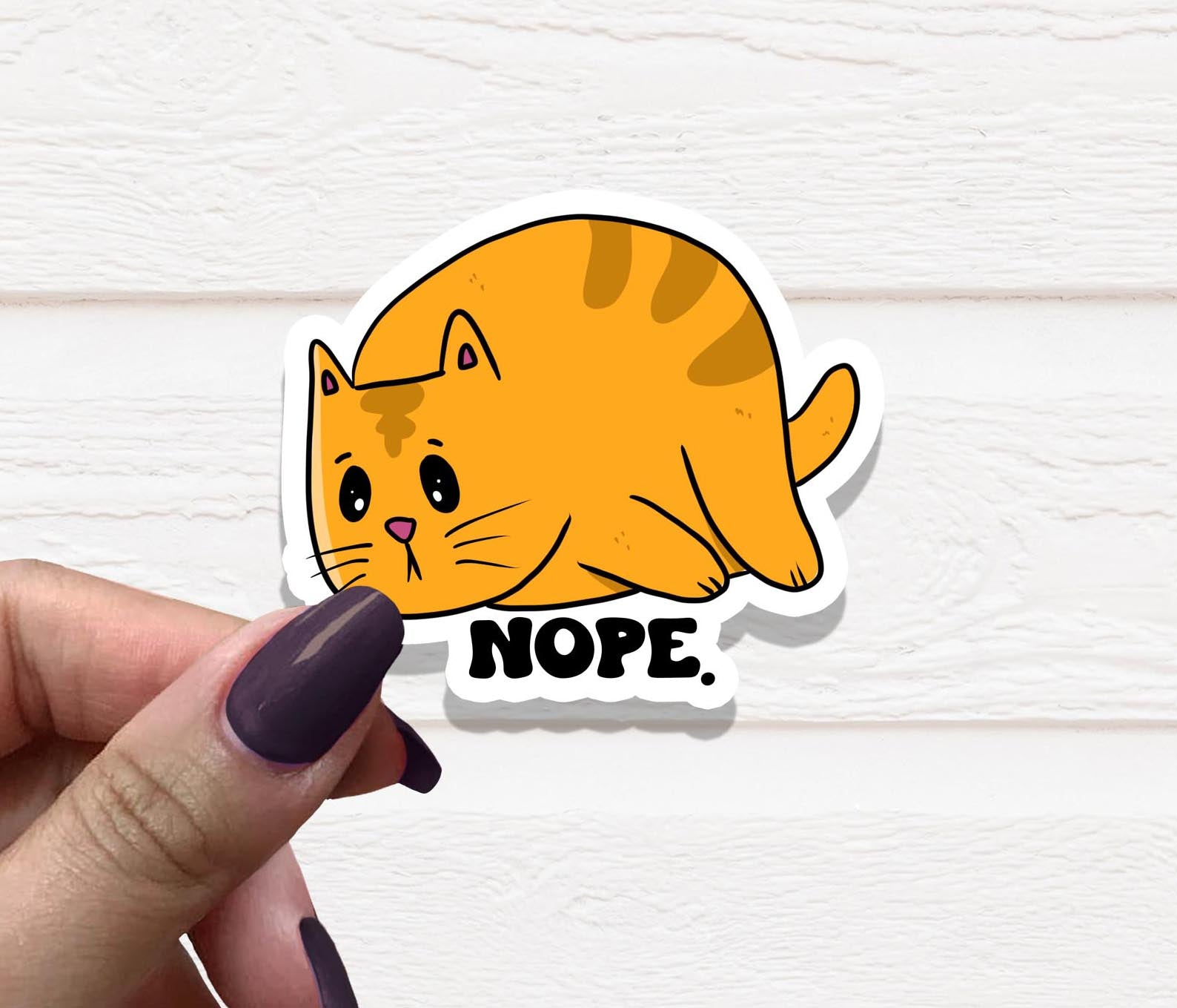 A cute Nope Cat Vinyl Sticker featuring a playful cat design, perfect for personalizing various items like water bottles and laptops.