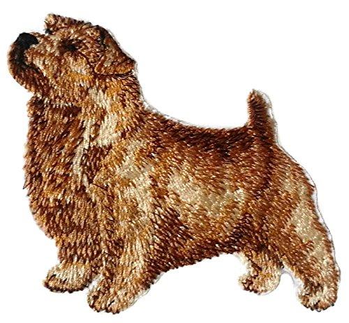 Norfolk Terrier Dog embroidery patch, 4.5" x 4.2", featuring intricate stitching and vibrant colors, suitable for iron-on or sew-on application.