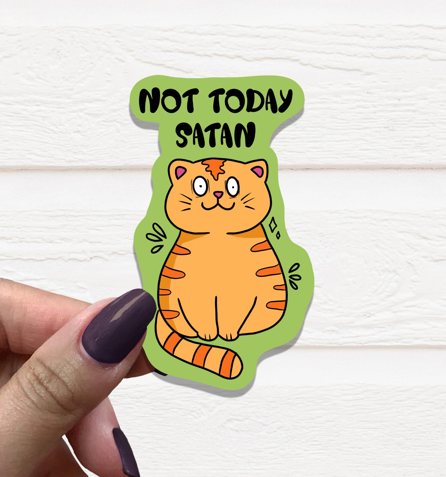 Not Today Satan Cat Vinyl Sticker featuring a humorous cat design with vibrant colors on a matte finish.