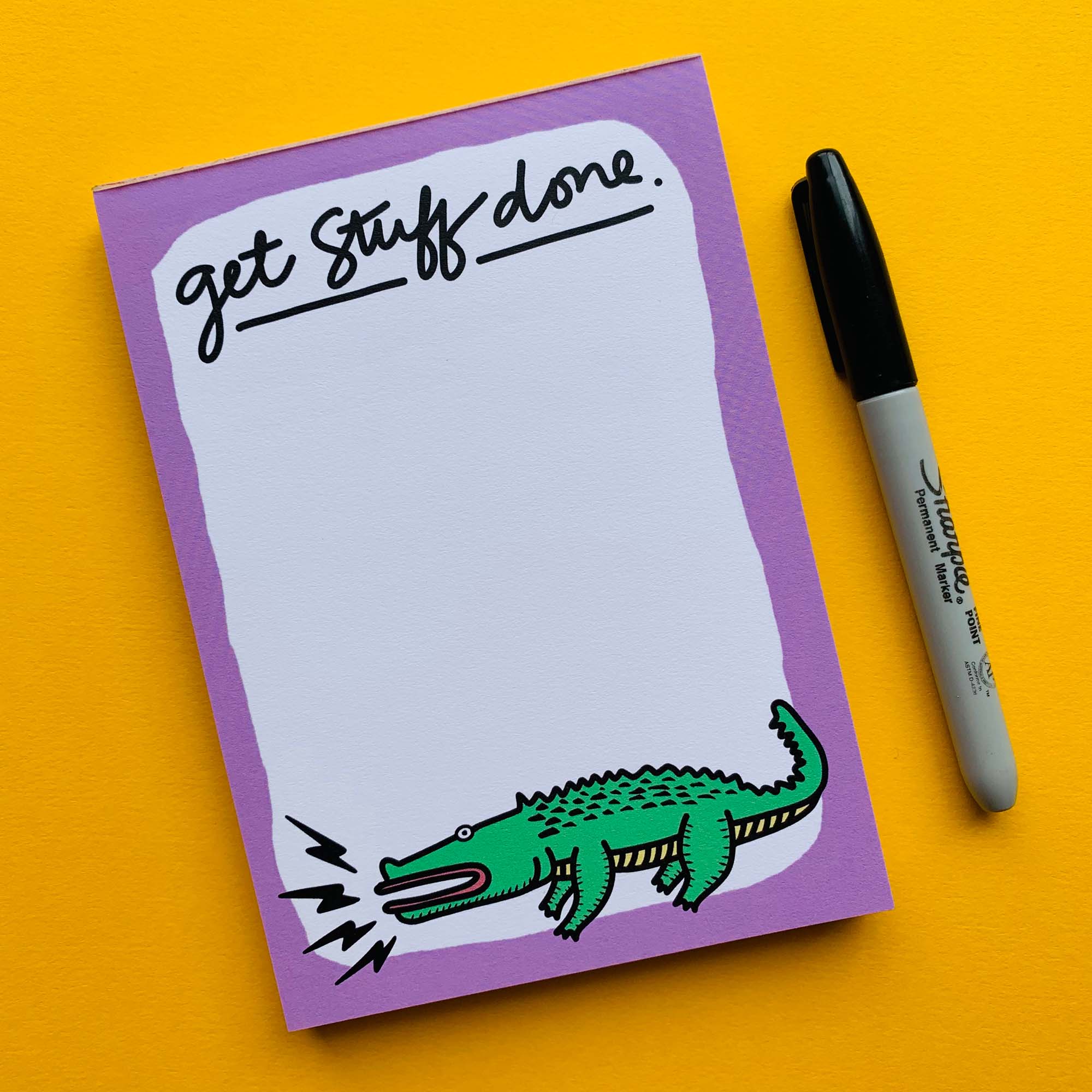 A cute alligator-themed notepad designed for to-do lists, featuring 100 pages of uncoated paper in a compact 5x7 size.