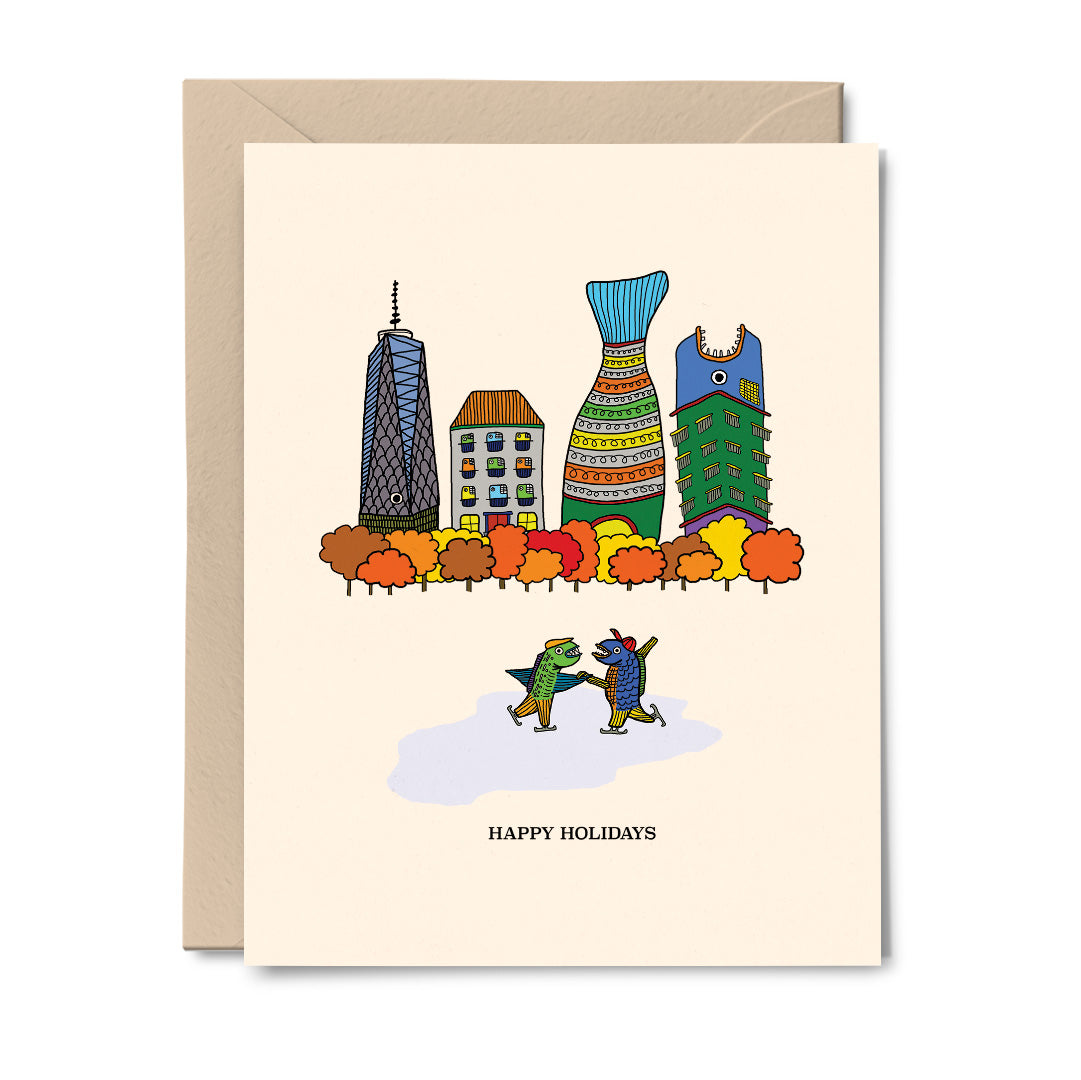 NYC Christmas greeting card featuring two fish ice skating with a festive New York City skyline in the background.