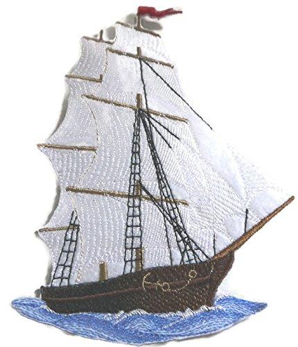 Ocean Calling embroidered patch featuring a ship design, suitable for iron-on or sew-on applications, measuring 6.18 inches by 5 inches.