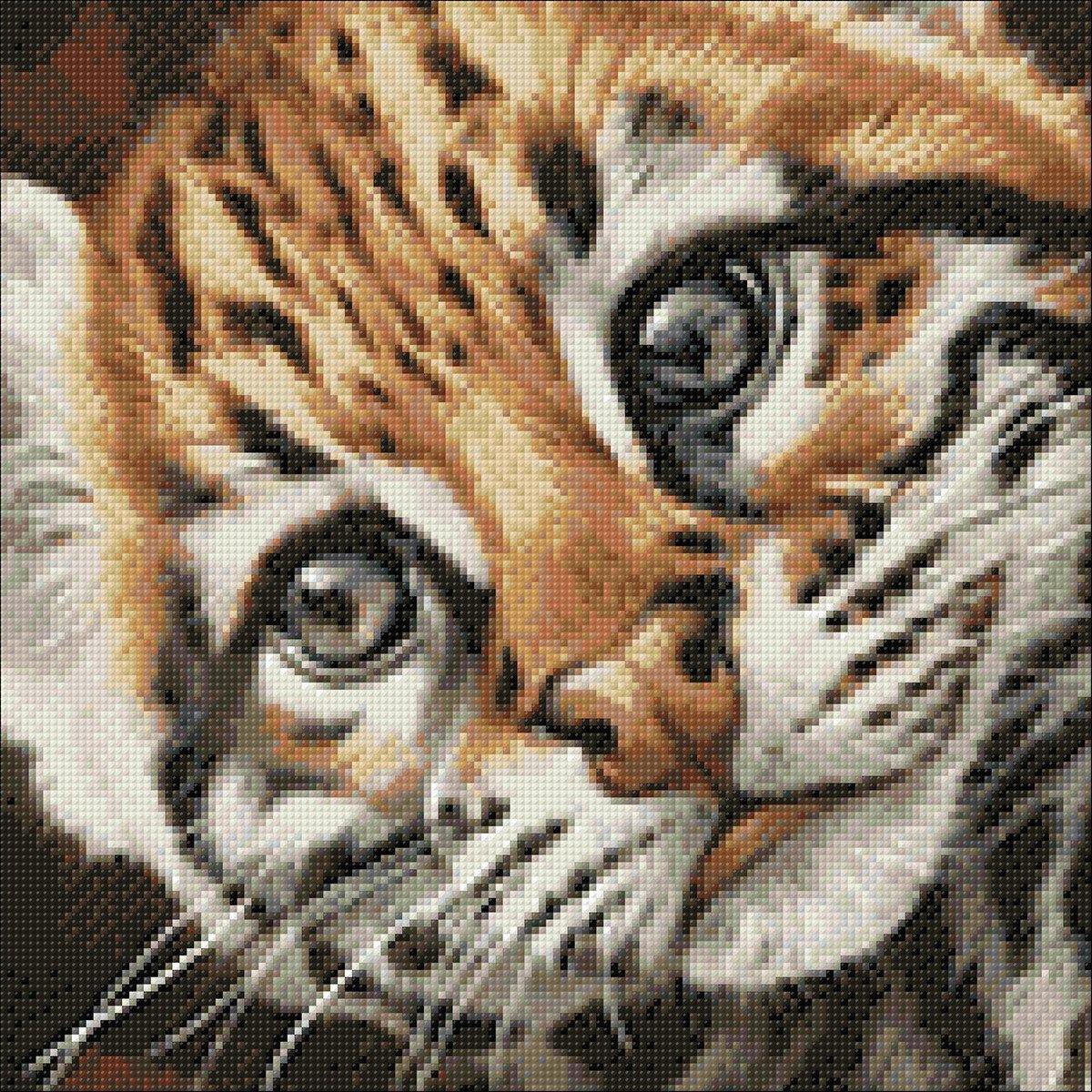 Ocelot Kitten Diamond Painting Kit featuring a 14.9x14.9 inch self-adhesive canvas with colorful square acrylic diamonds and crafting tools.