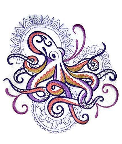 Octopus with Mehndi Echo embroidered patch, featuring intricate designs and vibrant colors, suitable for iron-on or sew-on applications.