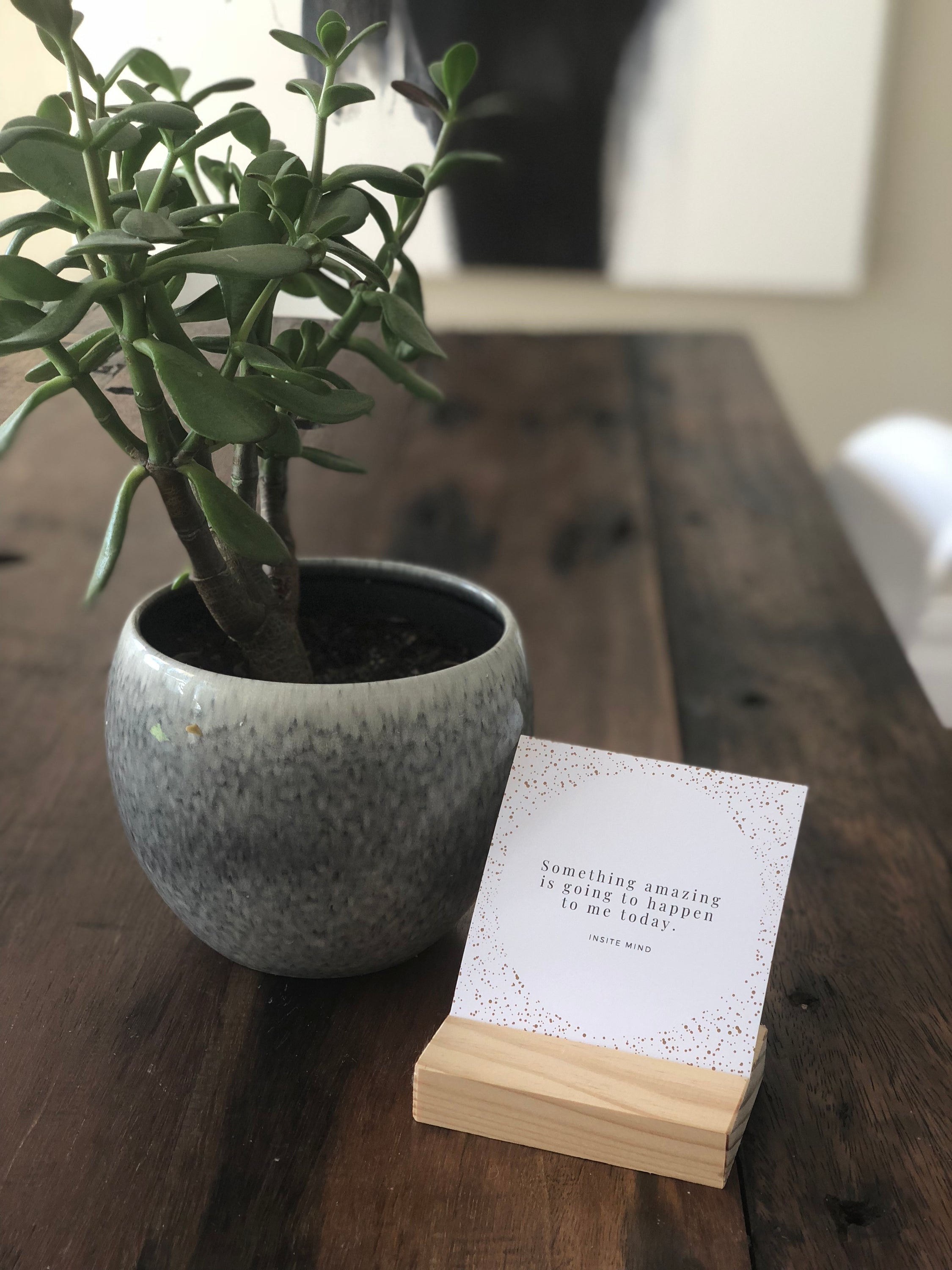 A beautifully designed set of Oh Happy Life affirmation cards displayed with a stylish card stand, featuring positive messages for daily inspiration.