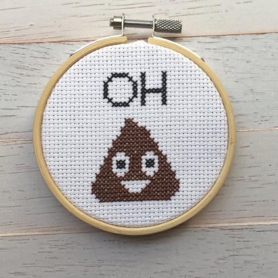 Oh Poop Emoji Counted Cross Stitch DIY Kit with supplies including fabric, threads, and hoop.