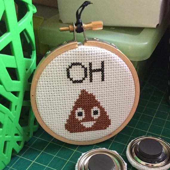 Oh Poop Emoji Counted Cross Stitch DIY Kit with supplies including fabric, threads, and hoop.