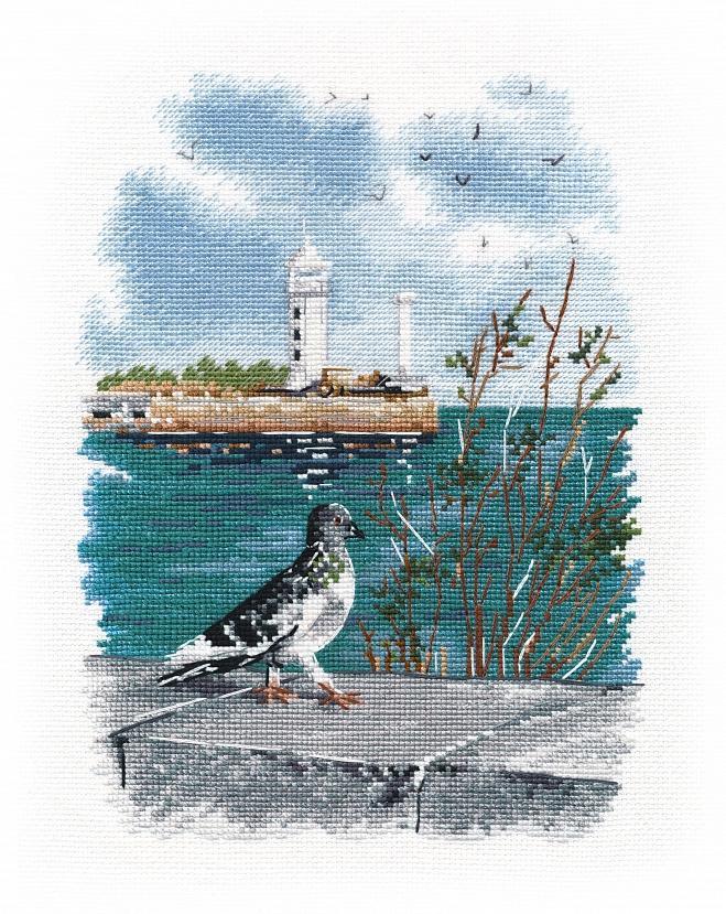 On the Embankment 1371 Counted Cross Stitch Kit with canvas, threads, and needle displayed on a table.