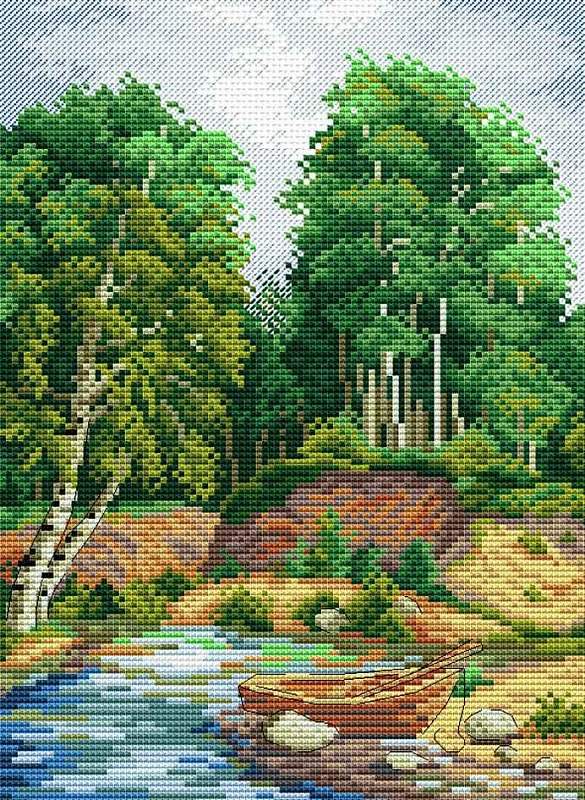 On The River Bank SM-132 Counted Cross Stitch Kit featuring Aida canvas, colorful threads, and needle for crafting.