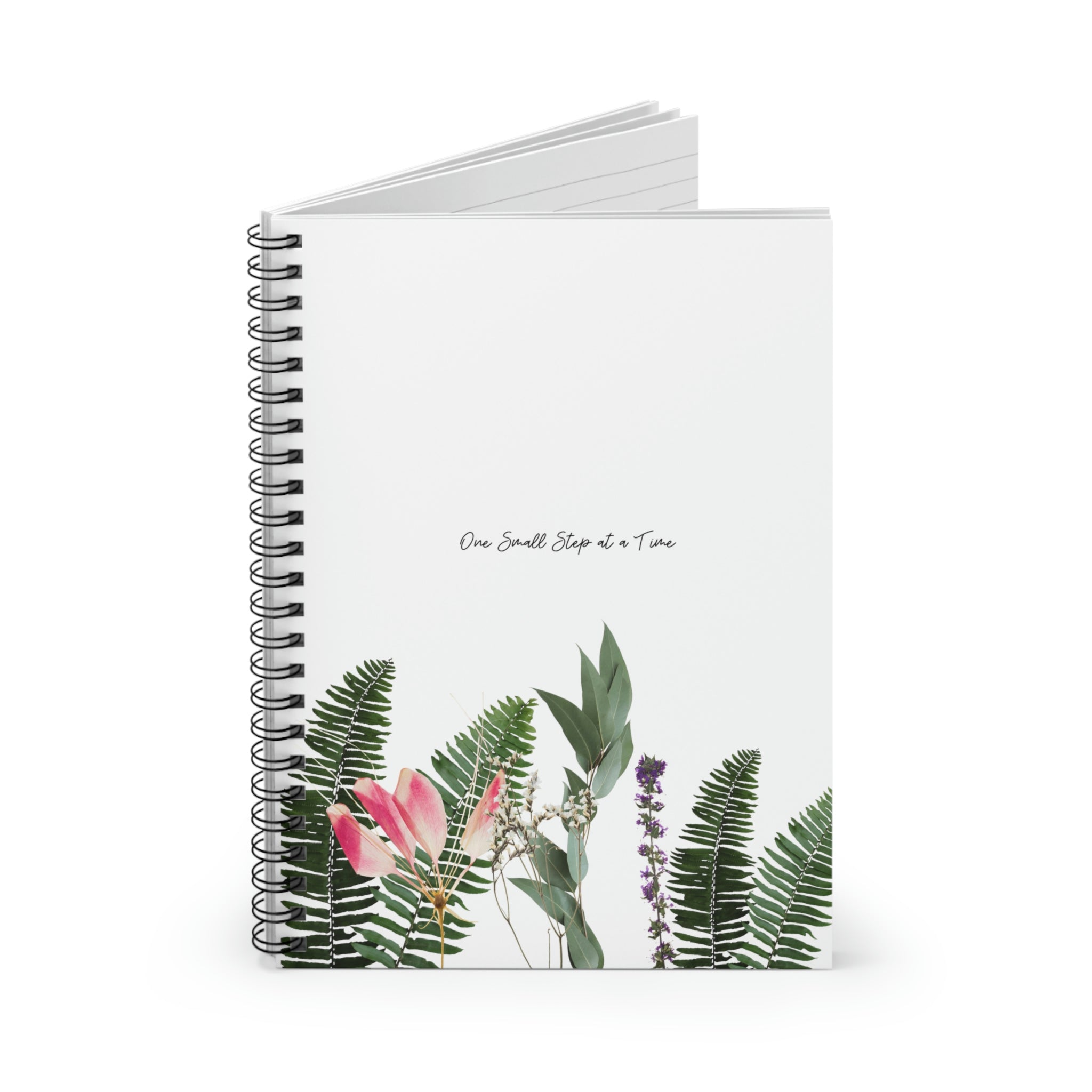 One Small Step at a Time Plant Theme Spiral Notebook with a stylish plant design and dark grey back cover.