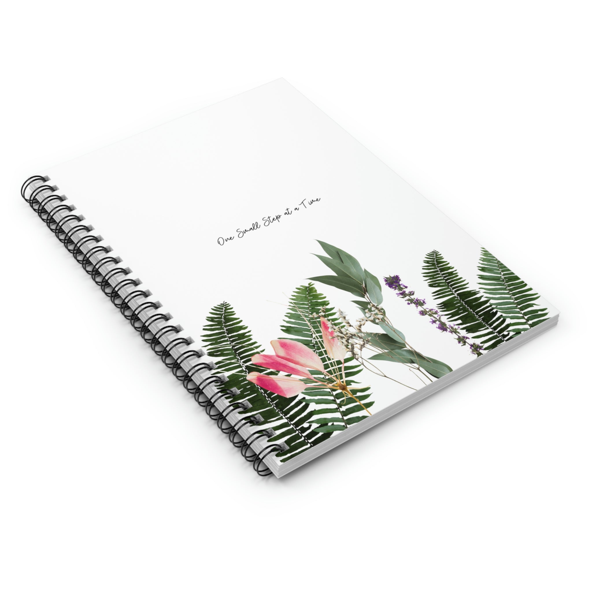 One Small Step at a Time Plant Theme Spiral Notebook with a stylish plant design and dark grey back cover.