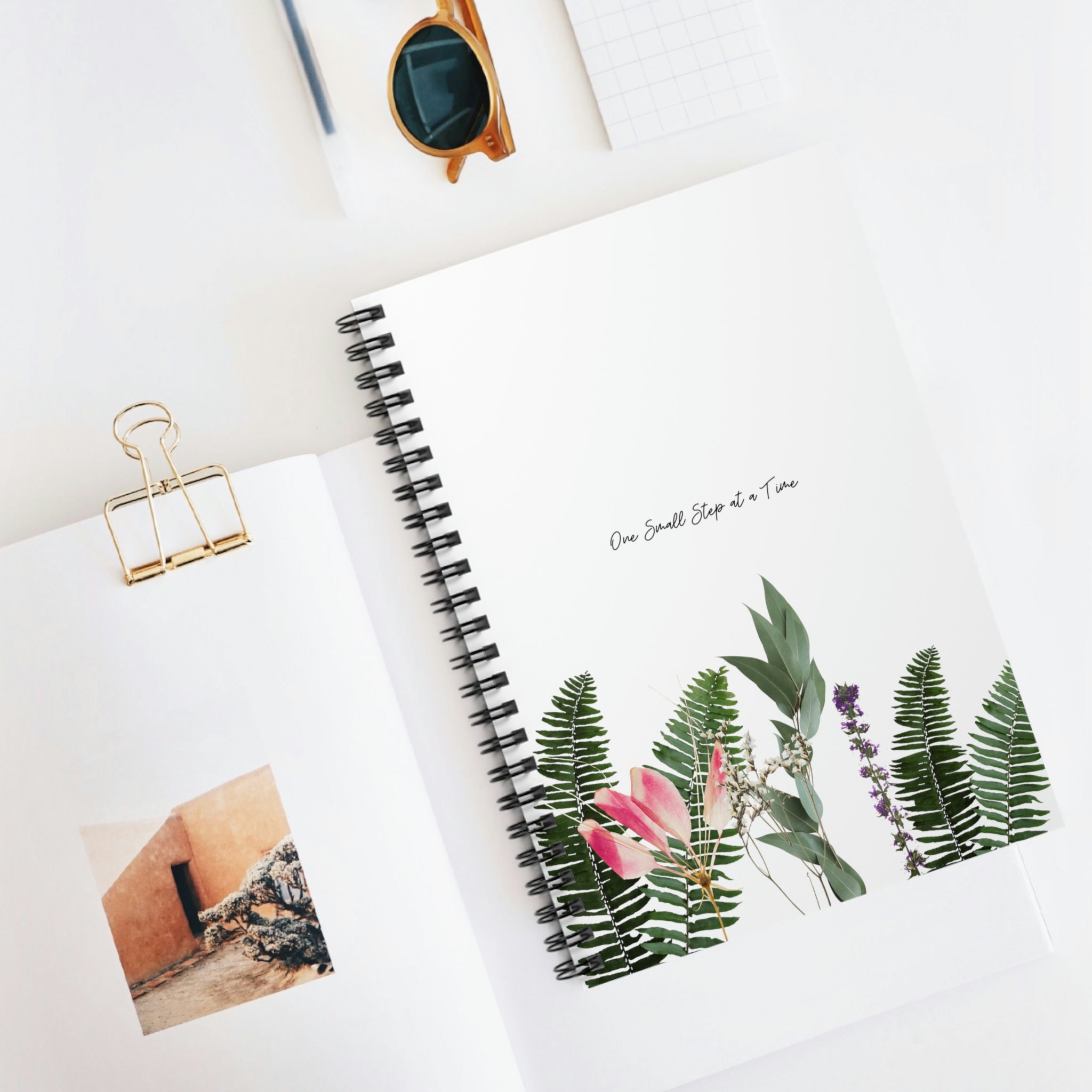 One Small Step at a Time Plant Theme Spiral Notebook with a stylish plant design and dark grey back cover.