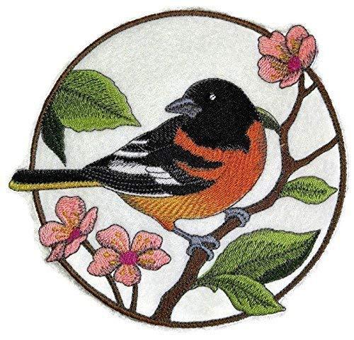 Oriole and Cherry Blossom Circle Embroidered Patch showcasing vibrant colors and intricate embroidery on a cotton base.