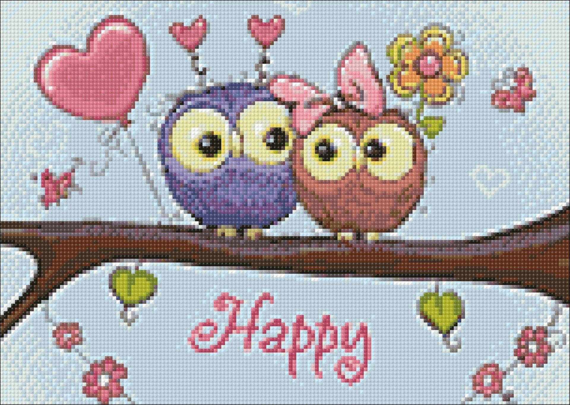 Owl Date WD2320 Diamond Painting Kit with colorful square acrylic diamonds and self-adhesive canvas.