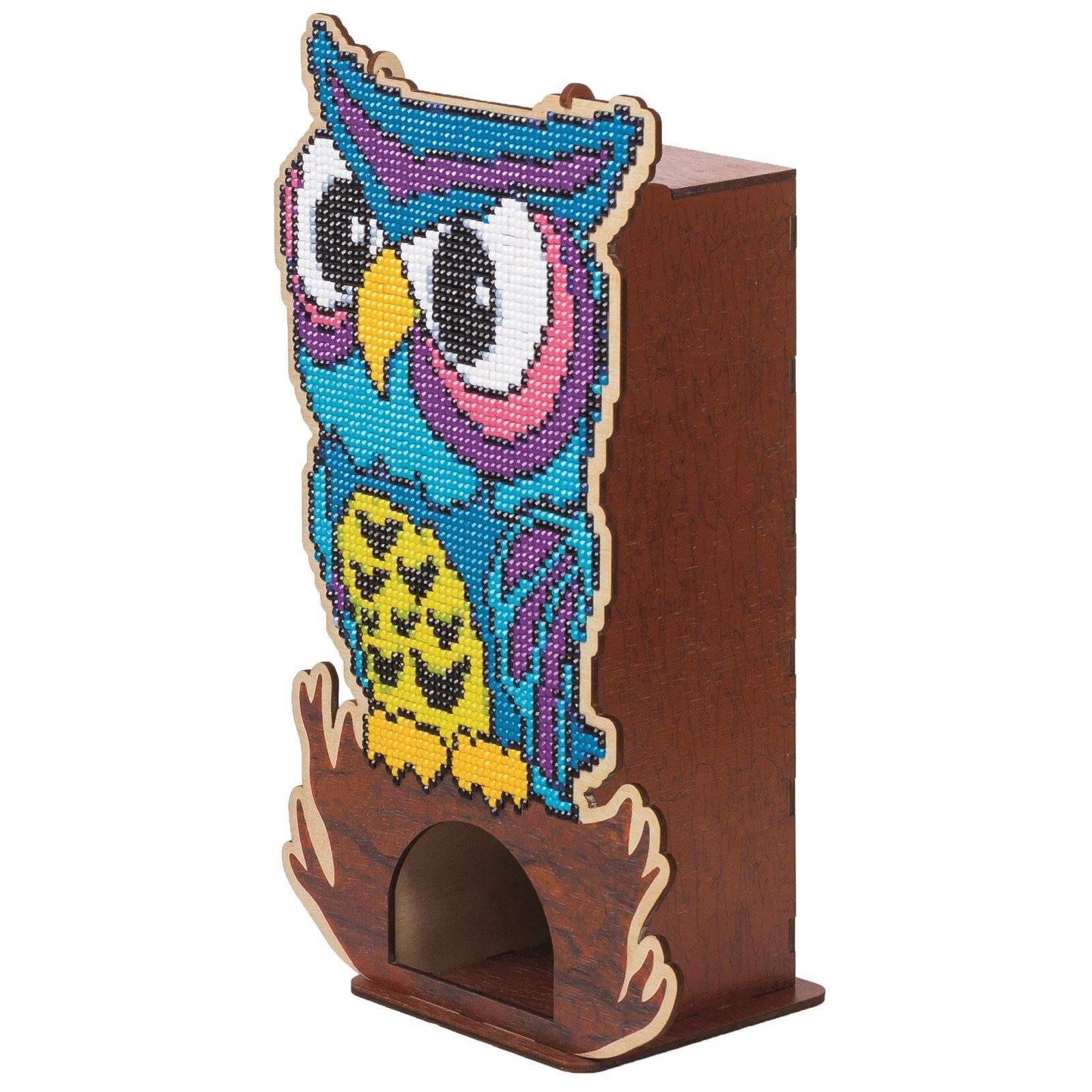 Owl Diamond painting kit WW003 with colorful rhinestones and crafting tools displayed on a wooden surface.