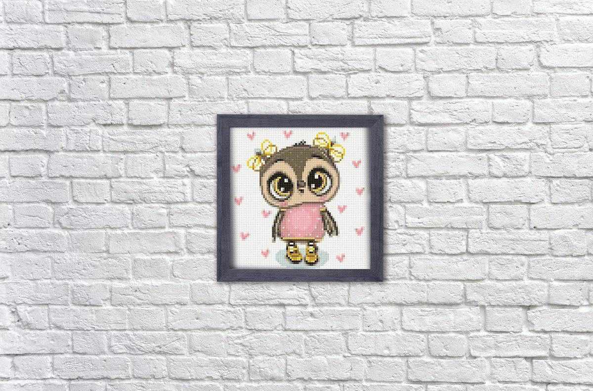 Owl Nika CS2374 Diamond Painting Kit featuring a 7.9x7.9 inch self-adhesive canvas, colorful square acrylic diamonds, and essential crafting tools.