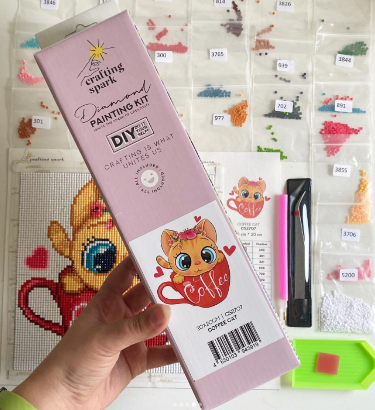 Owl Nika CS2374 Diamond Painting Kit featuring a 7.9x7.9 inch self-adhesive canvas, colorful square acrylic diamonds, and essential crafting tools.