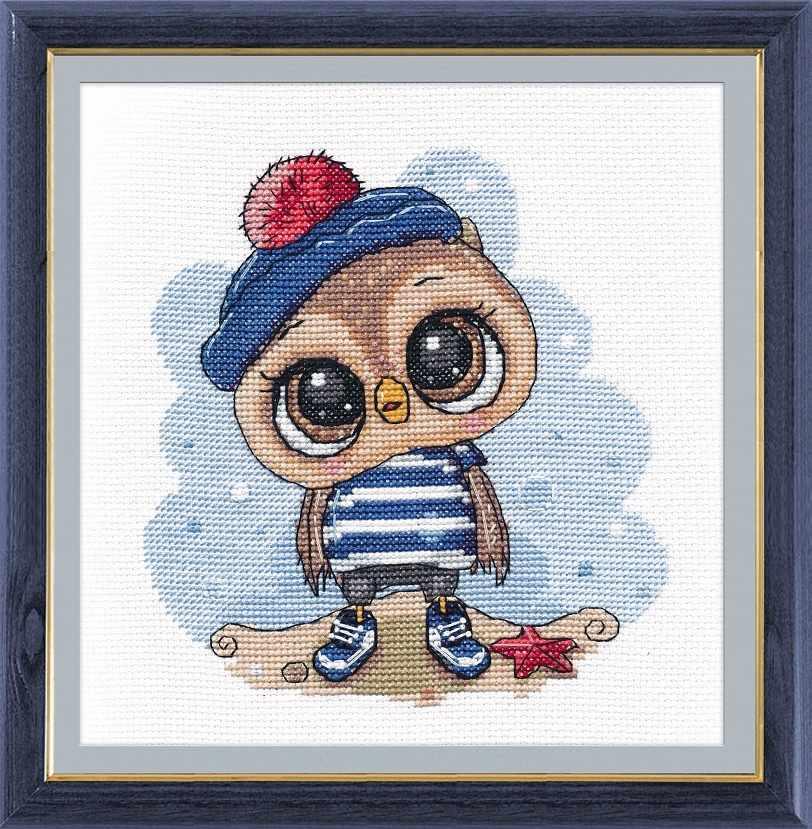 Owl Sailor 1264 Counted Cross Stitch Kit with colorful threads and Aida canvas.