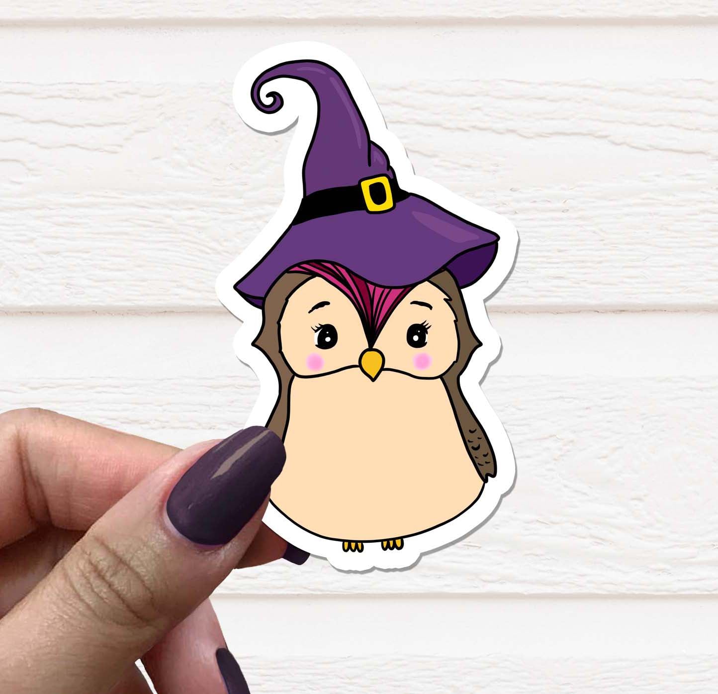 Owl Witch Vinyl Sticker featuring a whimsical owl design on matte vinyl, perfect for personalizing various items.