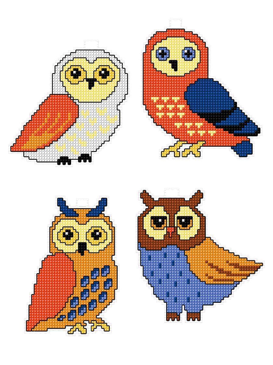 A counted cross-stitch kit featuring owls, including plastic canvas, colorful threads, and instructions.