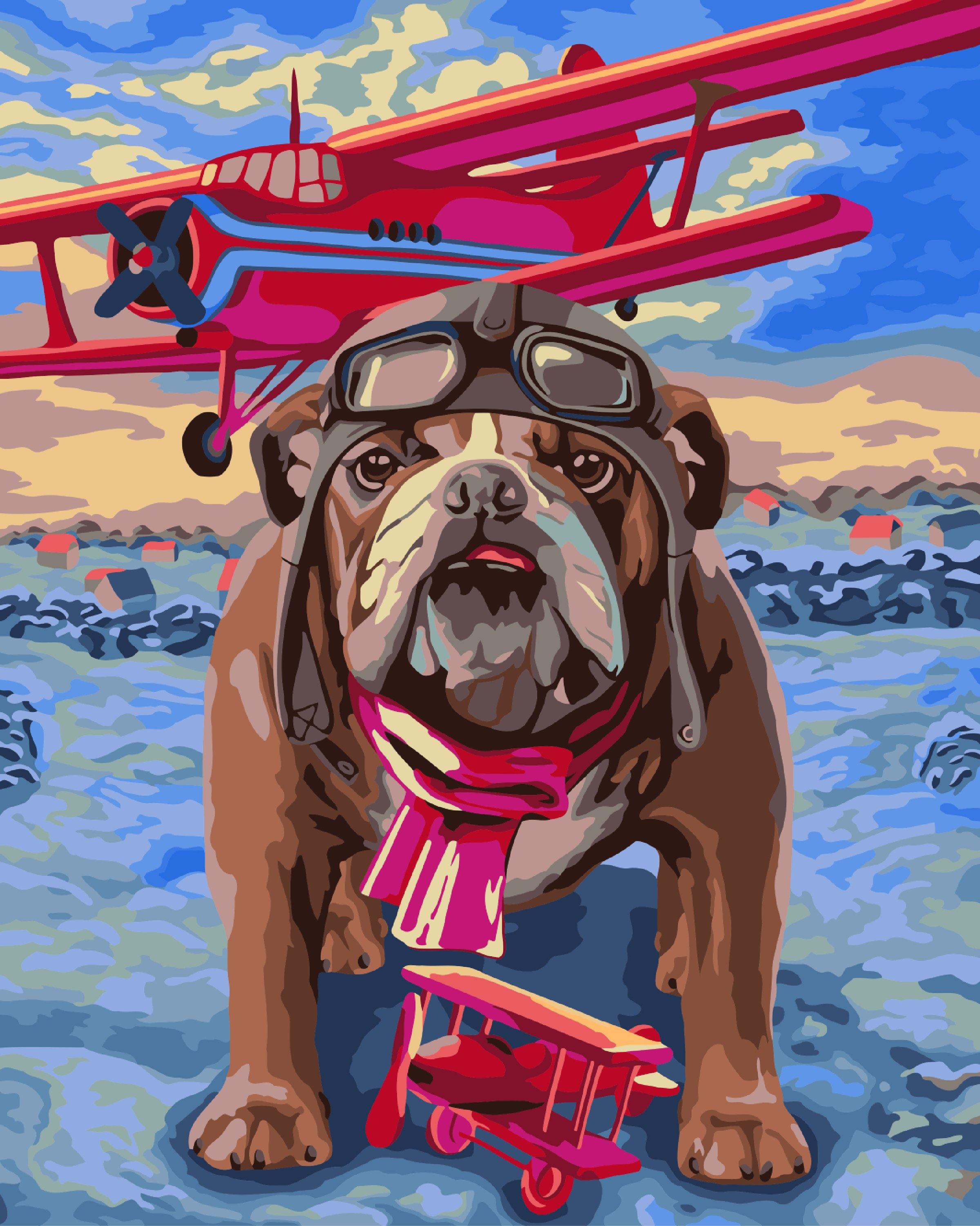 Crafting Spark Painting by Numbers kit featuring a Bulldog, Plane, and Winter theme on a stretched canvas.