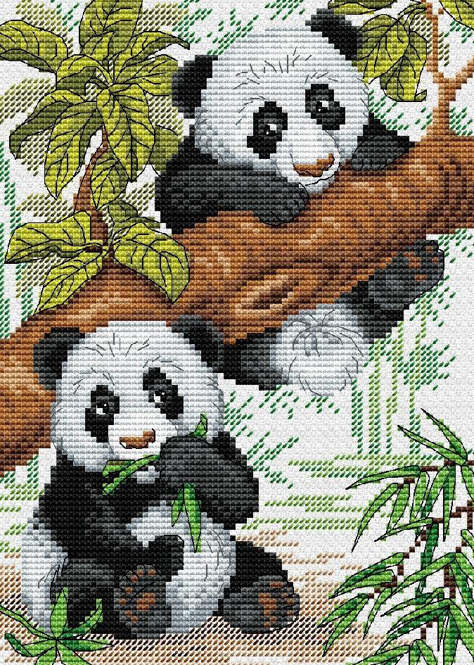 Pandas SM-050 Counted Cross Stitch Kit featuring 14 count AIDA canvas, cotton threads, and a needle, designed by Anzhelika Ivanova.