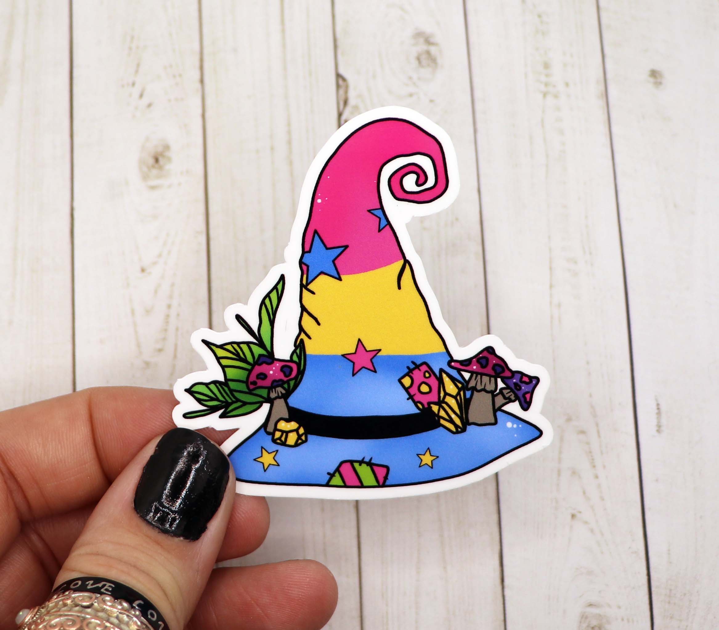 A colorful Pansexual Pride Witch Hat Sticker featuring a witch hat design with pansexual pride colors.