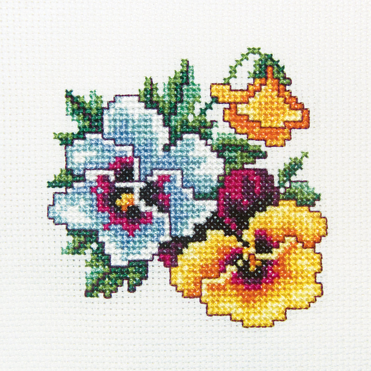 Pansy H242 Counted Cross Stitch Kit with Aida canvas, colorful threads, and instructions.