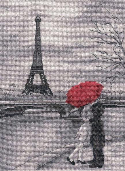 Parisian Embankment 704 Counted Cross Stitch Kit with Aida canvas, colorful threads, and needle, showcasing a beautiful Parisian landscape design.