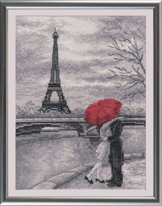 Parisian Embankment 704 Counted Cross Stitch Kit with Aida canvas, colorful threads, and needle, showcasing a beautiful Parisian landscape design.