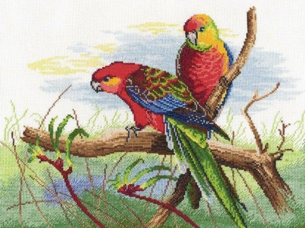 Parrots 509 Counted Cross Stitch Kit featuring savanna red parrots on a branch with colorful threads and Aida canvas.