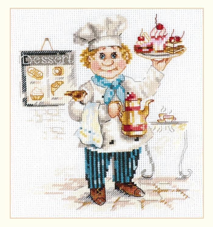 Pastry Chef 6-12 Cross-stitch kit featuring white Aida fabric, colorful threads, and an instruction manual.