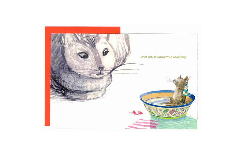 Set of 8 whimsical cat-themed greeting cards by John Littleboy, featuring unique designs and matching envelopes in a tidy box.