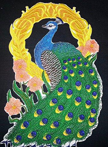 A vibrant peacock cameo embroidered patch measuring 9.5" x 6.5", showcasing intricate details and colors.