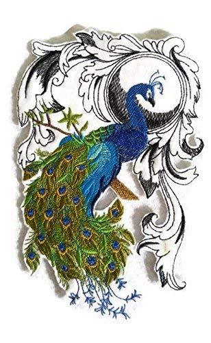 Peacock Flourish embroidered patch showcasing vibrant colors and intricate design, measuring 6.87 inches by 4.62 inches.