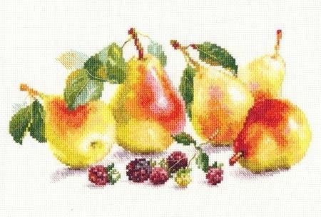 Pears 5-16 Cross-stitch kit featuring white aida fabric, colorful threads, and an embroidery needle.