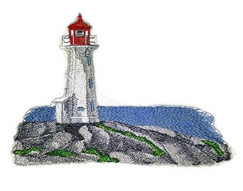 Peggy's Point Lighthouse embroidered patch showcasing intricate lighthouse design on a cotton base, ideal for iron-on or sewing applications.