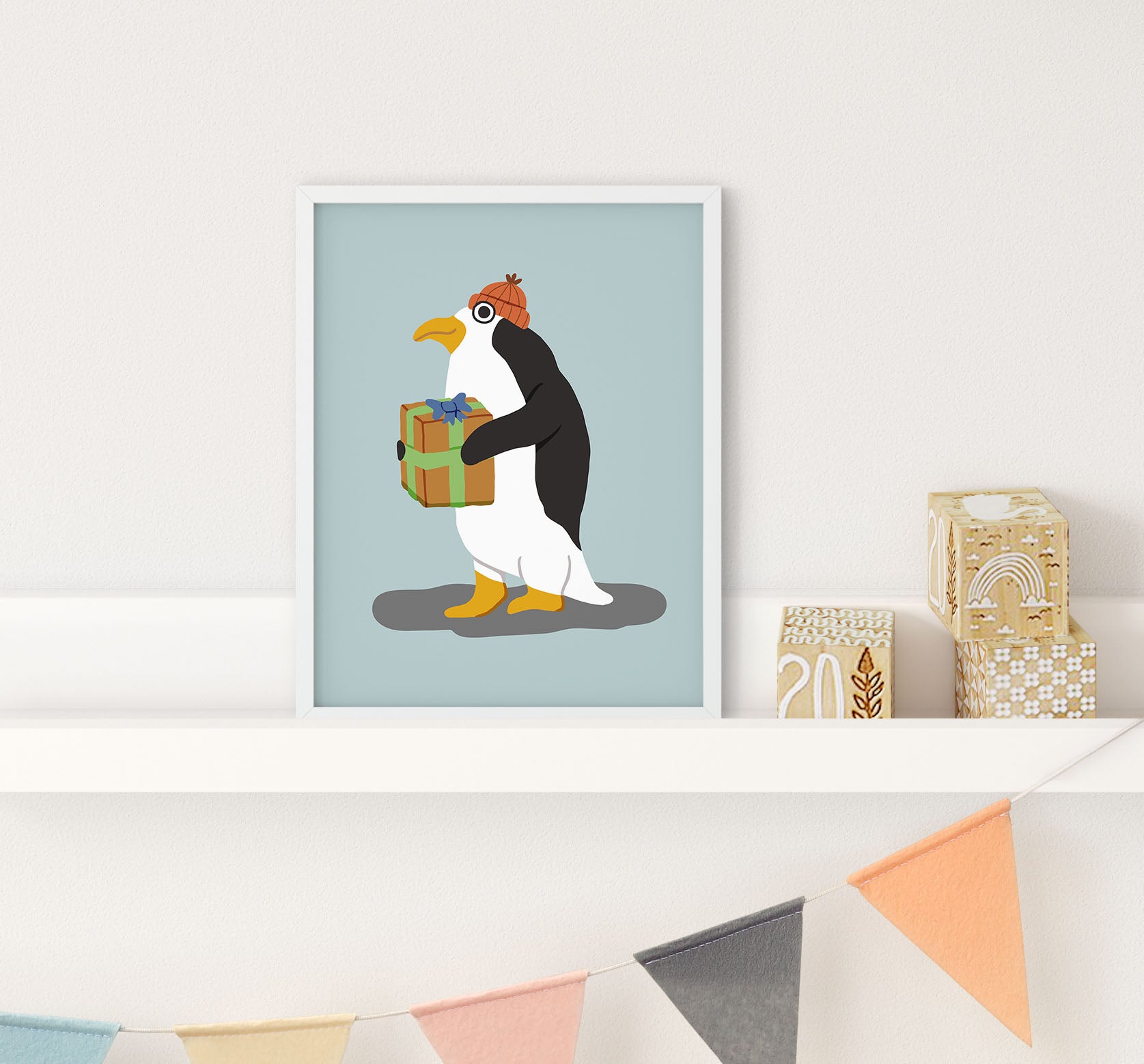 A playful illustrated penguin holding a gift box, printed on high-quality velvet fine art paper.