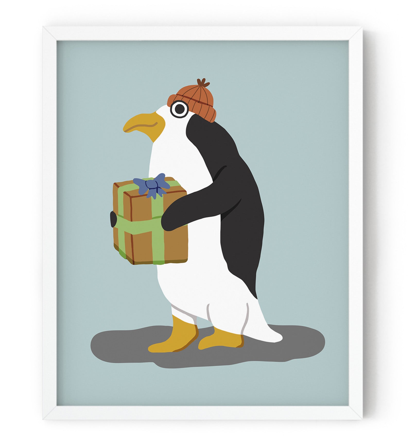 A playful illustrated penguin holding a gift box, printed on high-quality velvet fine art paper.