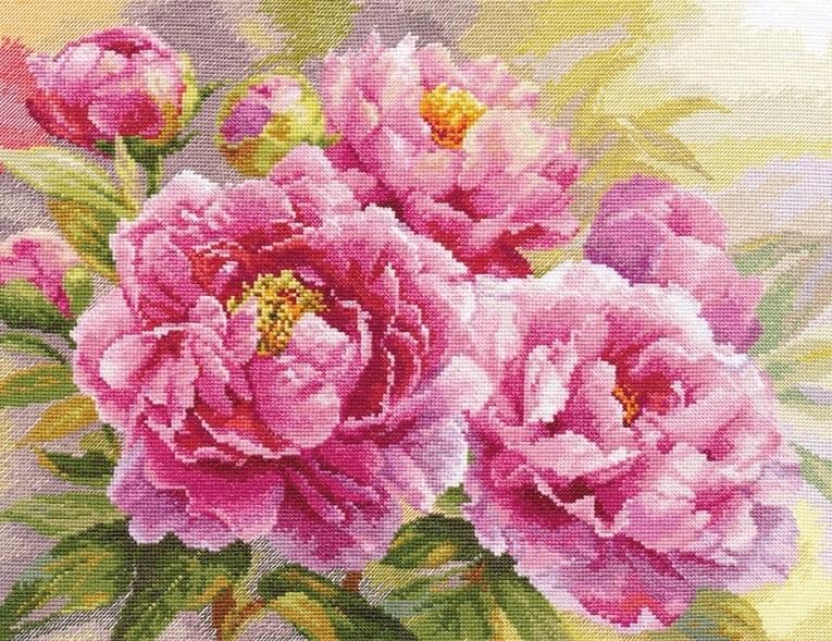 Peonies 2-35 Cross-stitch kit featuring white aida fabric, colorful threads, and an embroidery needle.