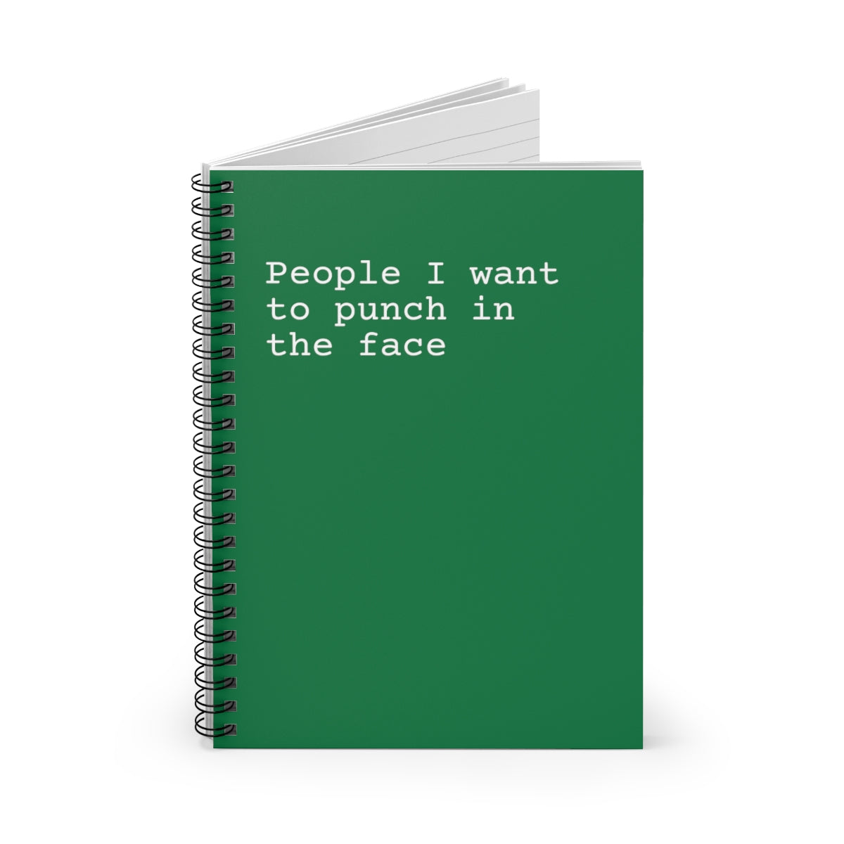 A humorous spiral notebook titled 'People I Want to Punch in the Face' with ruled line pages, perfect for notes and lists.