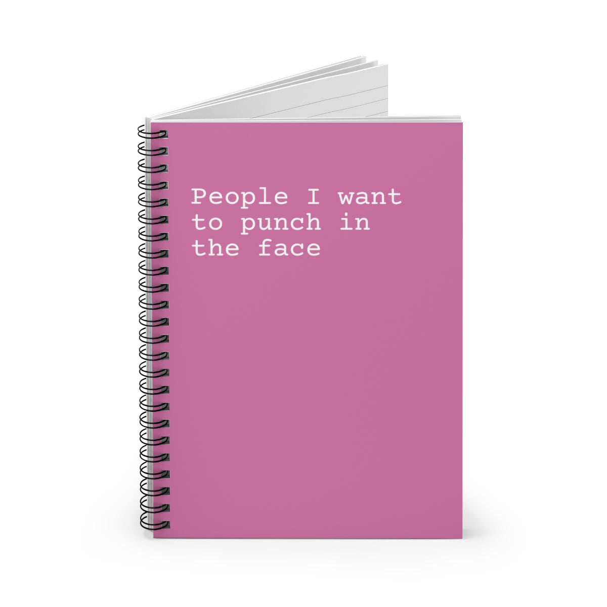 A spiral notebook featuring a humorous cover design that reads 'People I Want to Punch in the Face', with ruled line pages inside.