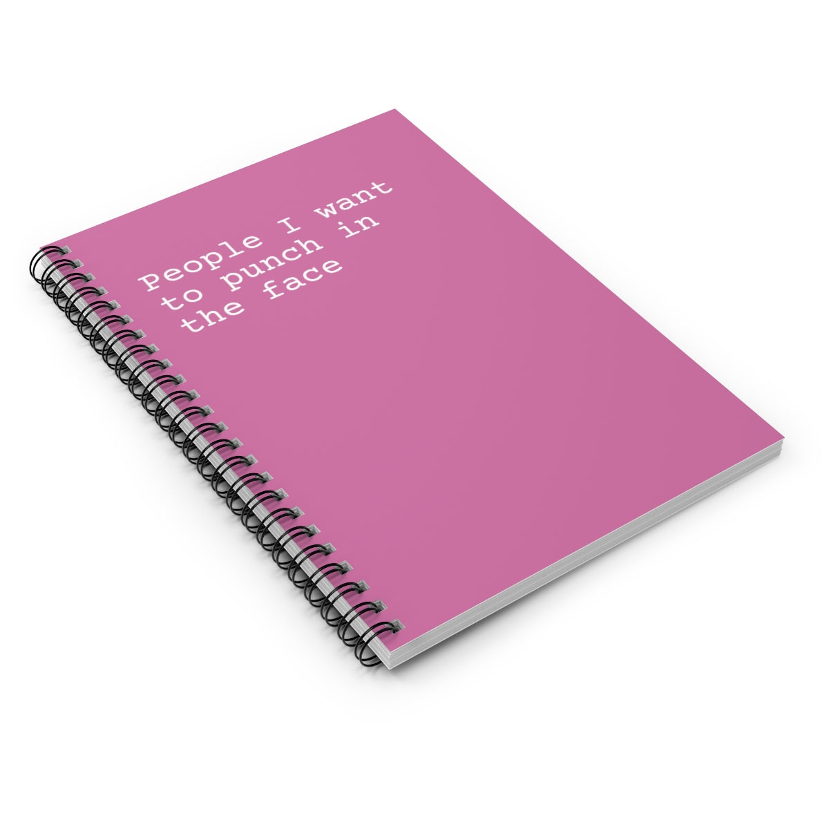 A spiral notebook featuring a humorous cover design that reads 'People I Want to Punch in the Face', with ruled line pages inside.