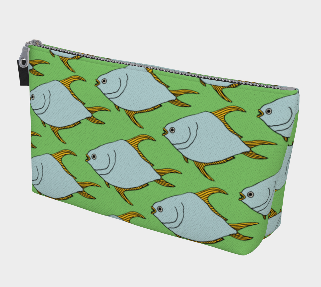 Permit Fish makeup bag featuring vibrant printed canvas and denim lining, showcasing a stylish design with a metal zipper and vegan leather pull tab.