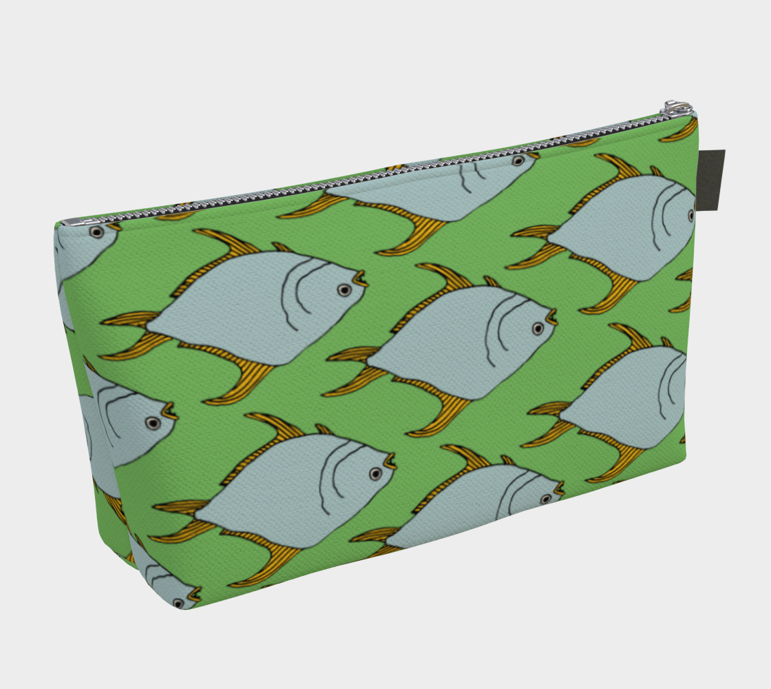 Permit Fish makeup bag featuring vibrant printed canvas and denim lining, showcasing a stylish design with a metal zipper and vegan leather pull tab.