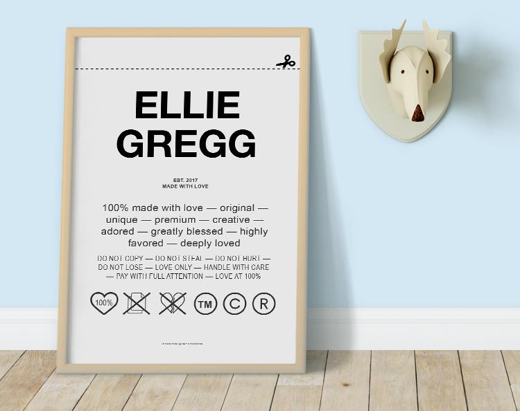 Personalised Label Of Love featuring customizable text for nursery decor, printed on high-quality stock.