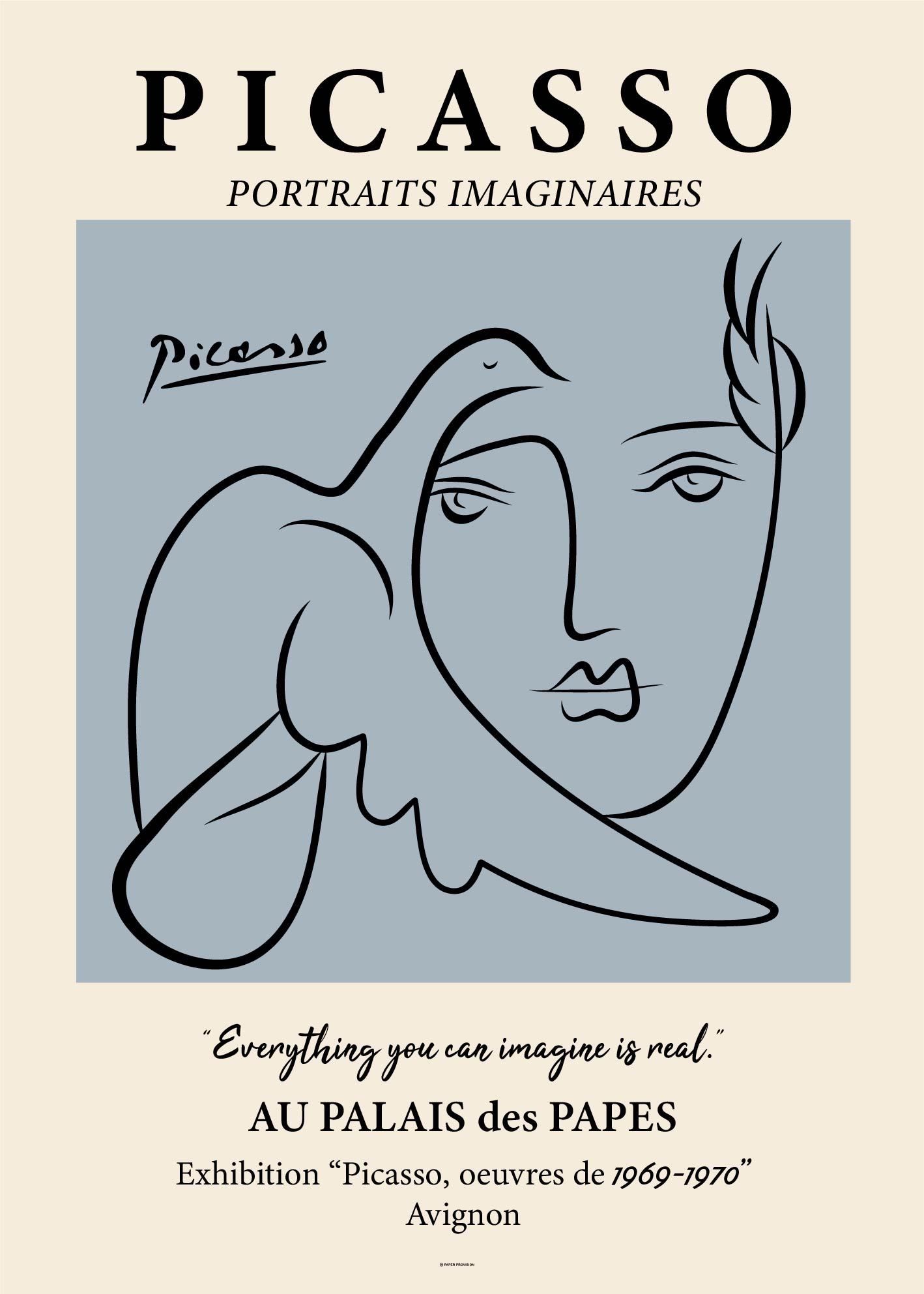 A vibrant blue poster featuring Picasso's iconic Man and Dove artwork, showcasing intricate details and rich colors.