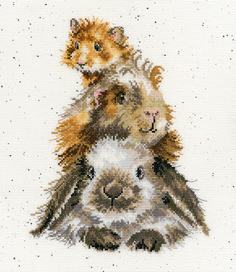 Piggy In The Middle XHD65 Counted Cross Stitch Kit featuring a printed speckled background and included materials.