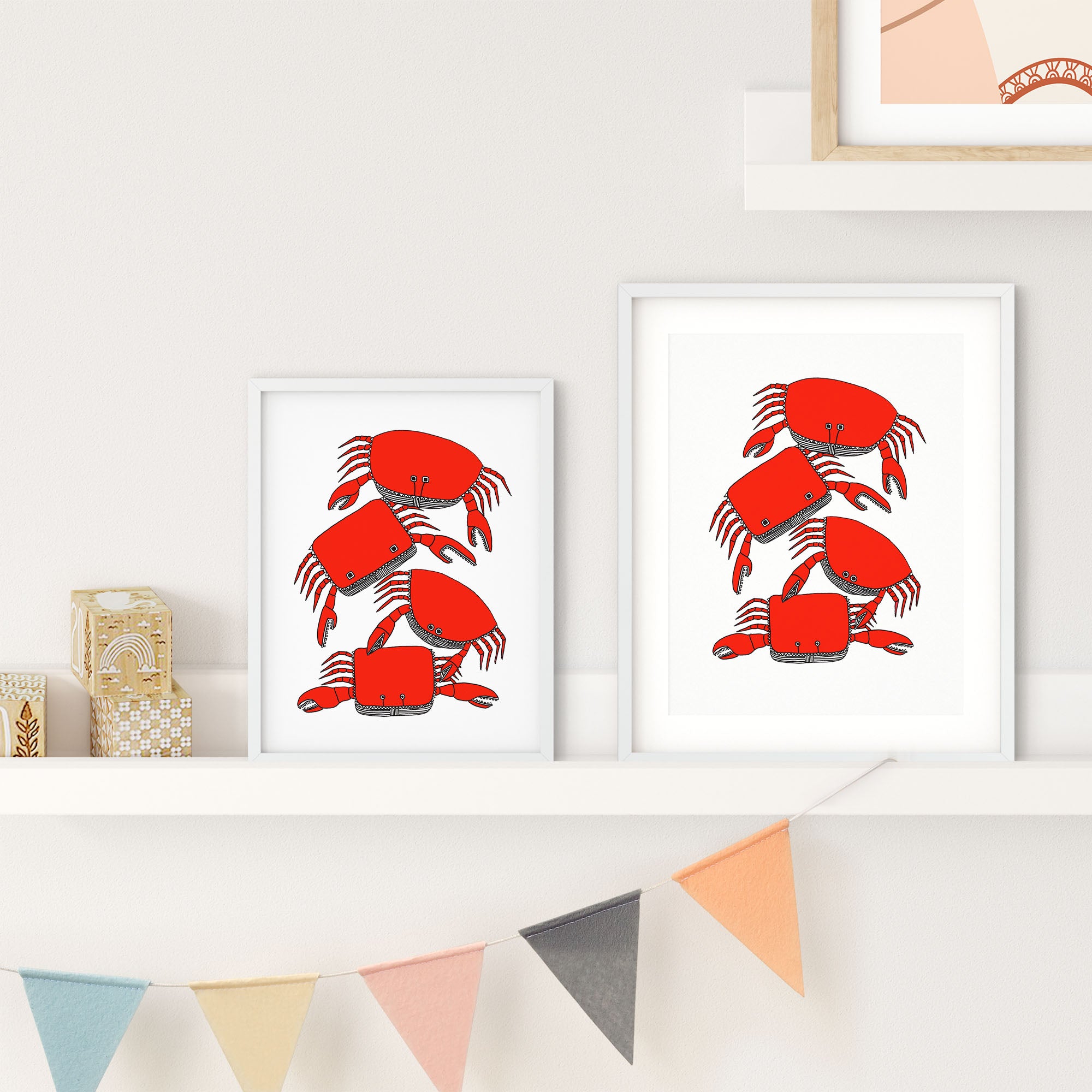 Colorful Pile of Crab print featuring playful illustrated crabs, perfect for home decor.